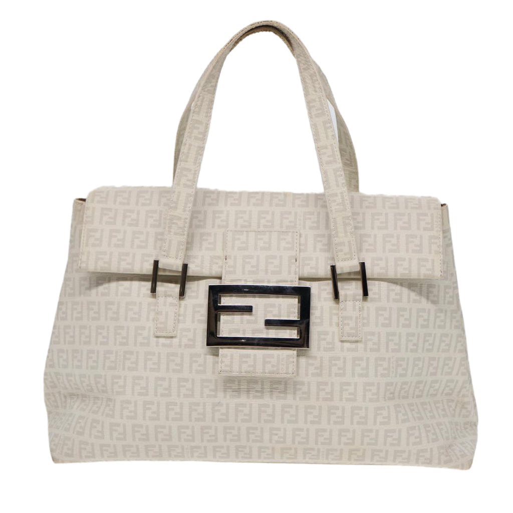 FENDI Zucchino Canvas Mamma Bucket Hand Bag White Silver 89238