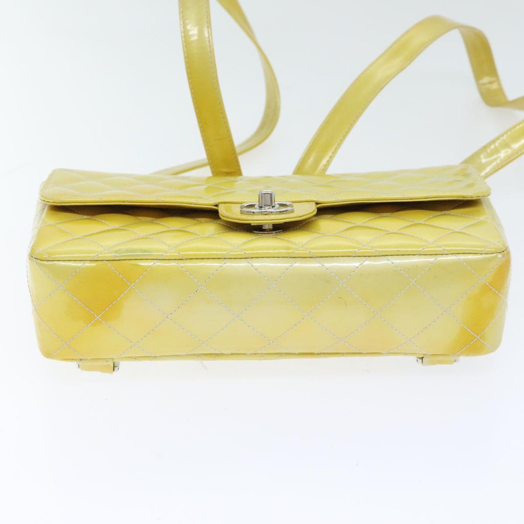 CHANEL Matelasse Backpack Patent leather Yellow Silver CC 89374