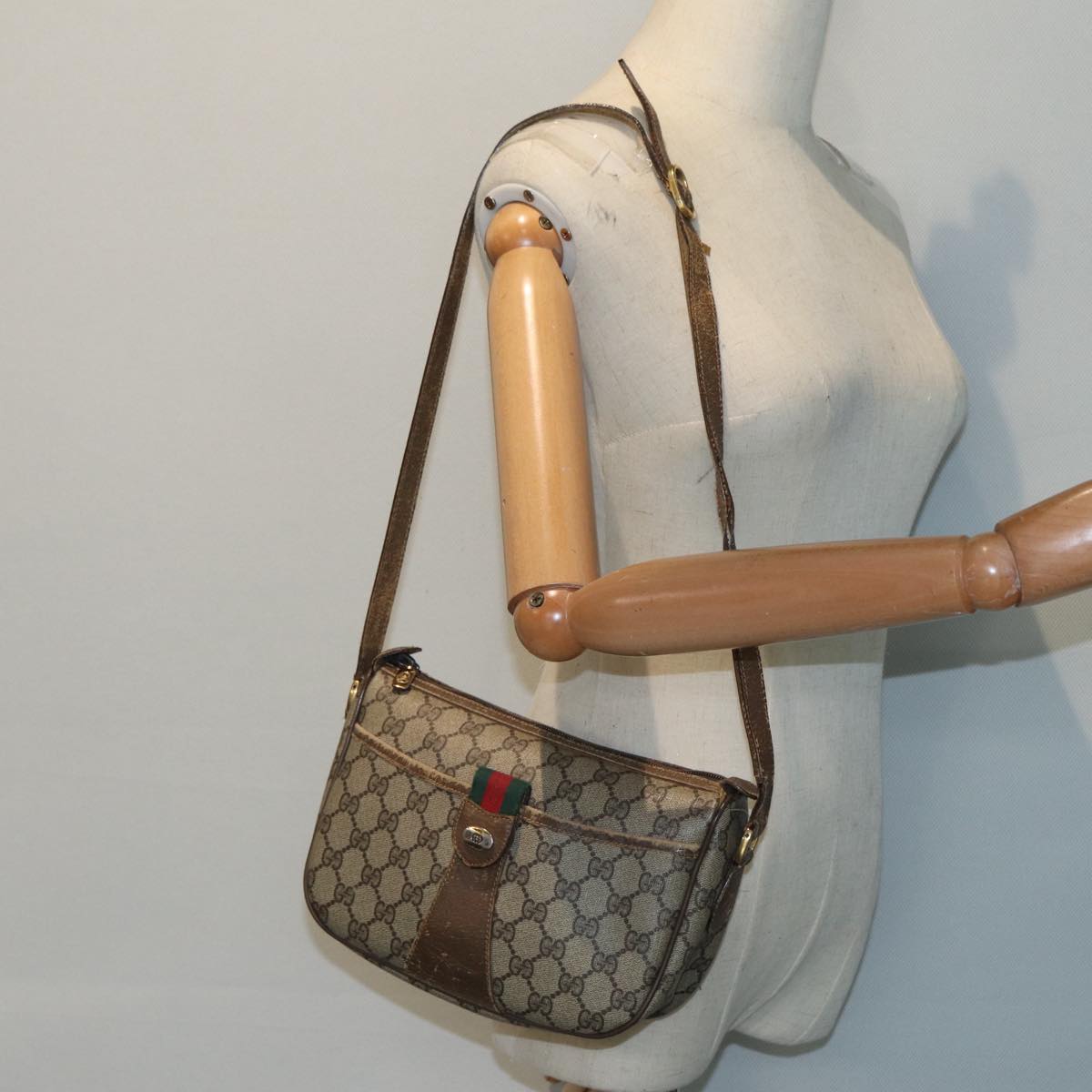 GUCCI GG Supreme Web Sherry Line Shoulder Bag PVC Beige Gold 89430