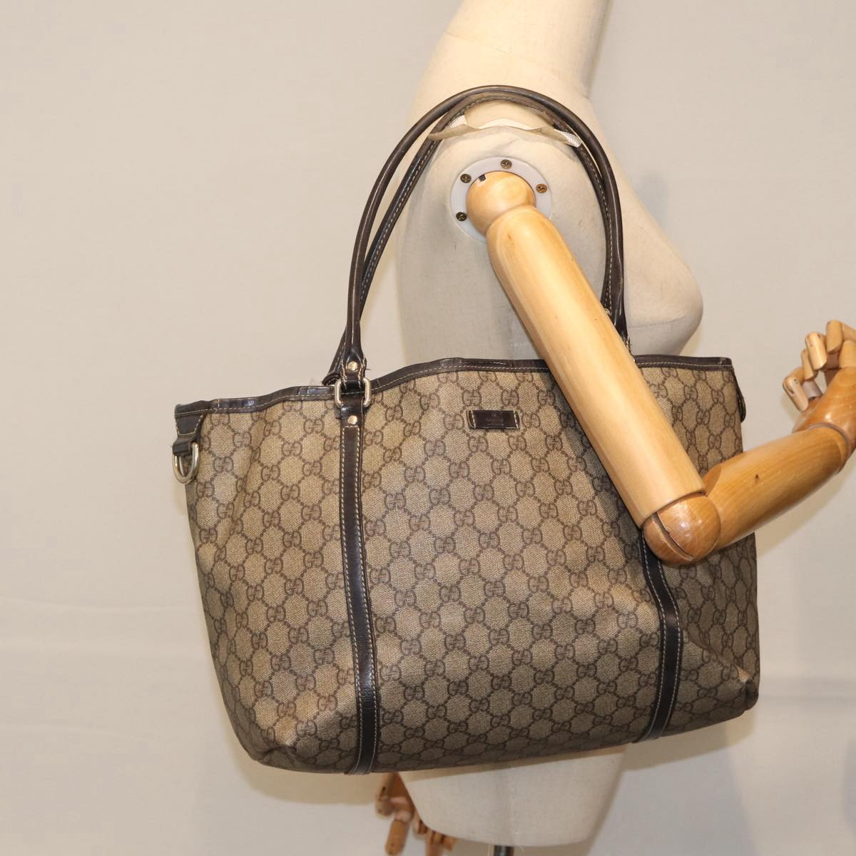 GUCCI GG Supreme Tote Bag PVC Leather Beige Silver 197953 89441
