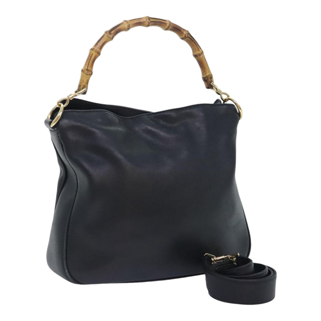 GUCCI Bamboo Hand Bag Leather 2way Black Gold 001 1638 2058 89464
