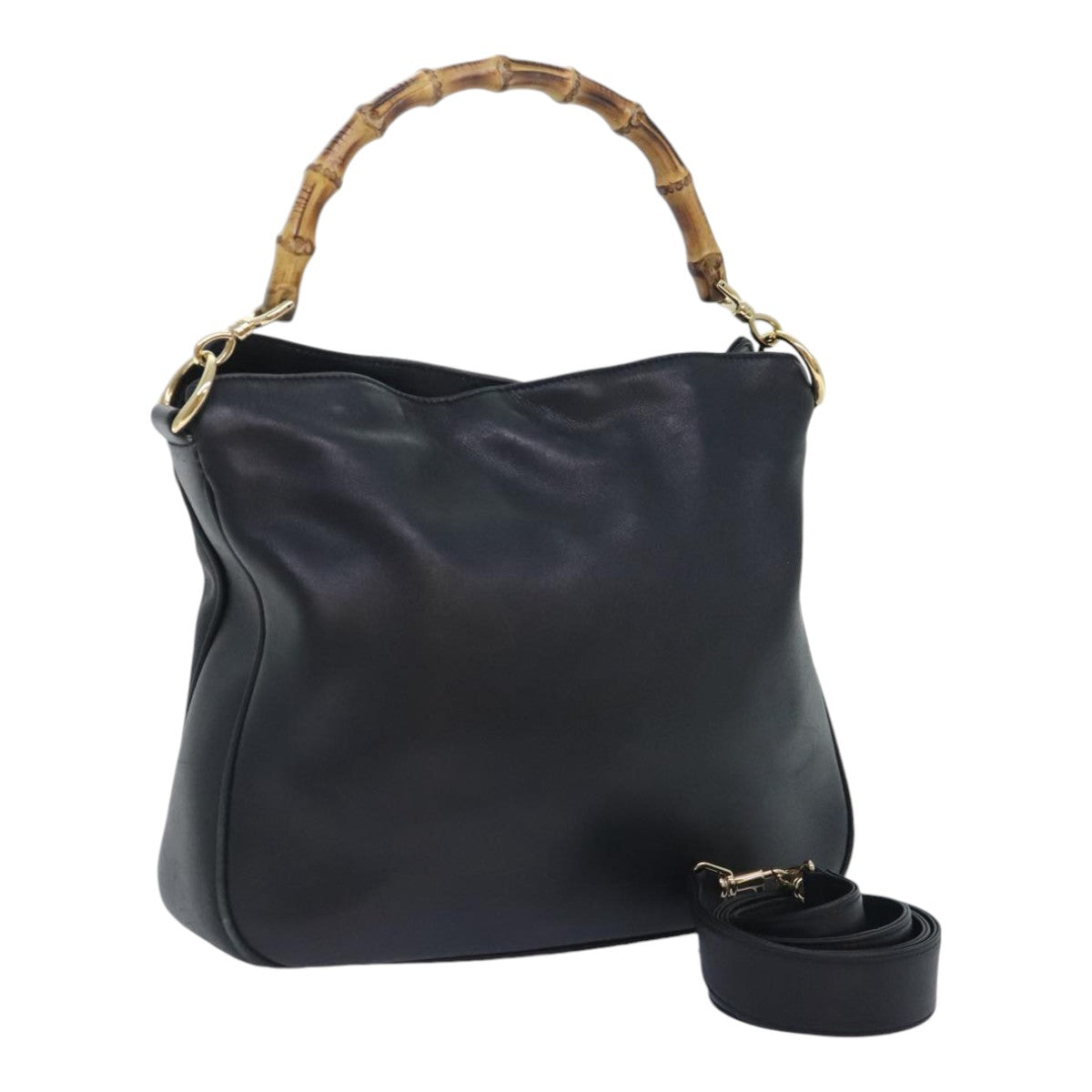 GUCCI Bamboo Hand Bag Leather 2way Black Gold 001 1638 2058 89464