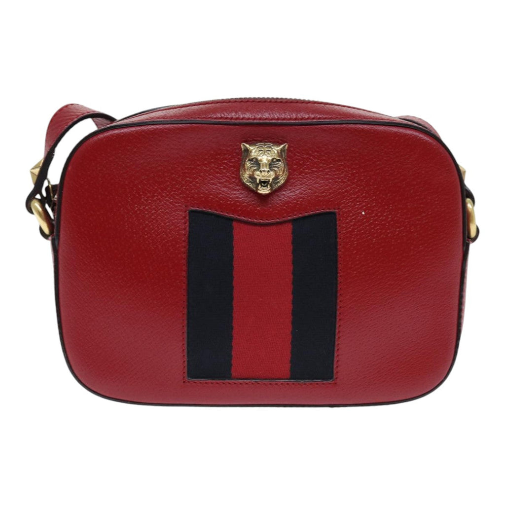 GUCCI Sherry Line Shoulder Bag Leather Red Gold Navy 431284 89474
