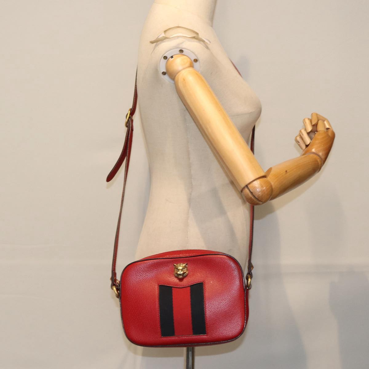 GUCCI Sherry Line Shoulder Bag Leather Red Gold Navy 431284 89474