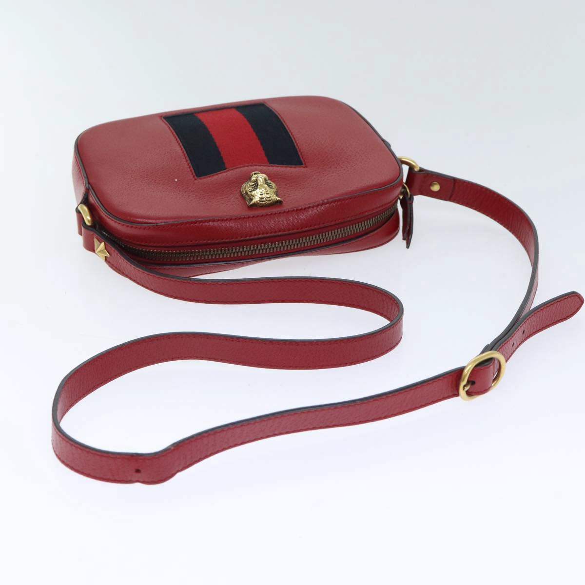 GUCCI Sherry Line Shoulder Bag Leather Red Gold Navy 431284 89474