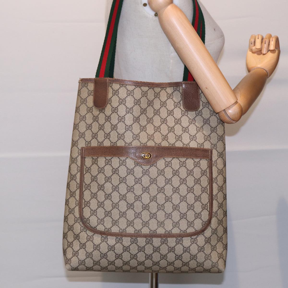 GUCCI GG Supreme Web Sherry Line Tote Bag PVC Beige 001 080 494 89539