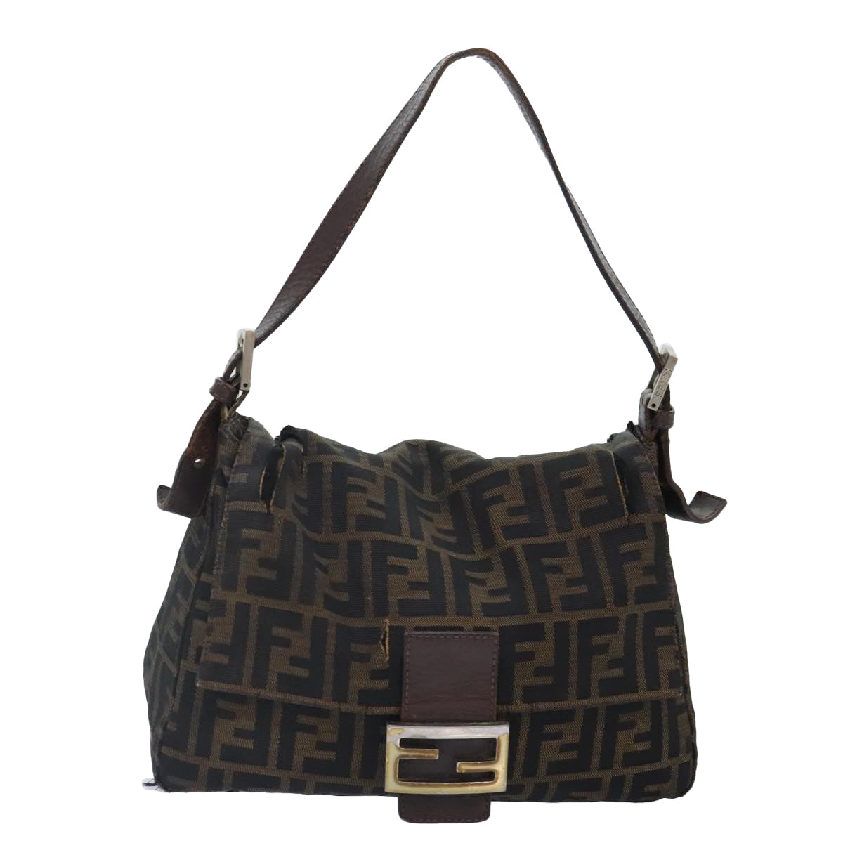 FENDI Zucca Canvas Mamma Baguette Shoulder Bag Brown Black gold 89599