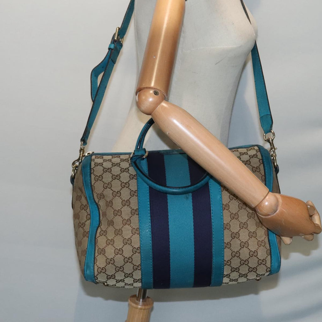 GUCCI GG Canvas Sherry Line Boston Bag 2way Beige Blue 247205 89624