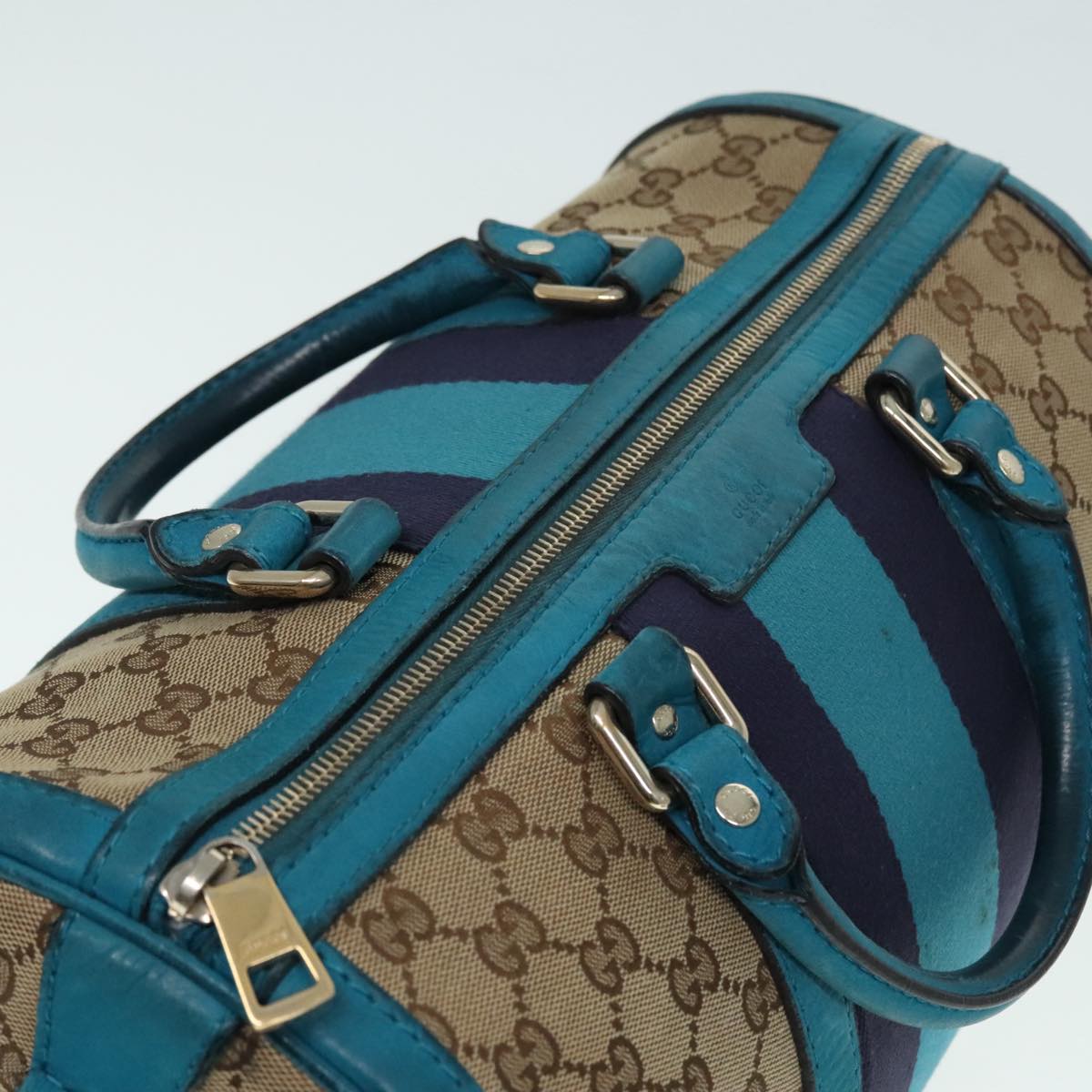 GUCCI GG Canvas Sherry Line Boston Bag 2way Beige Blue 247205 89624