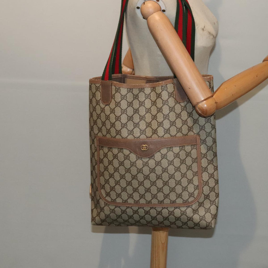 GUCCI GG Supreme Web Sherry Line Tote Bag PVC Leather Beige 89625