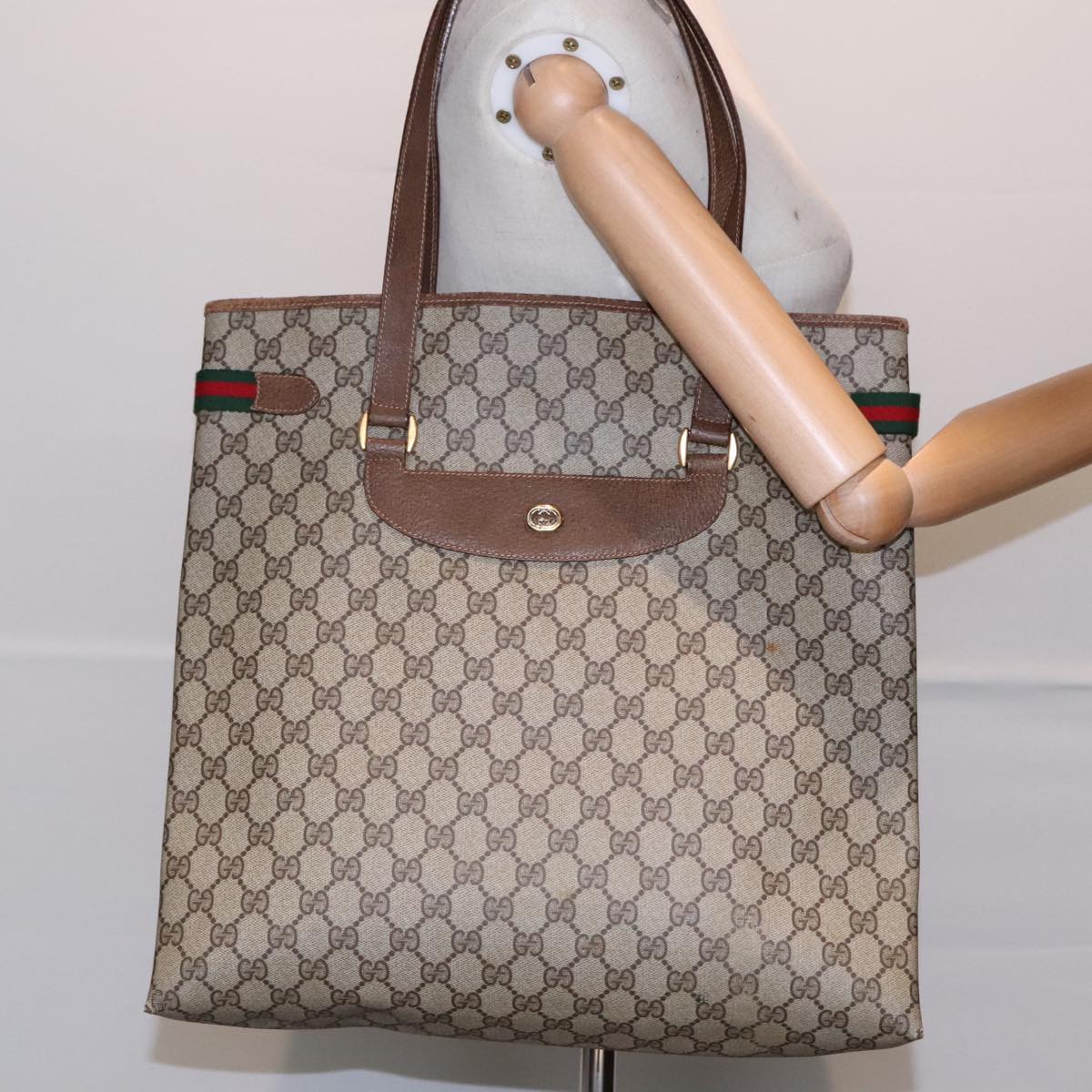 GUCCI GG Supreme Web Sherry Line Tote Bag PVC Beige Gold Silver 89626