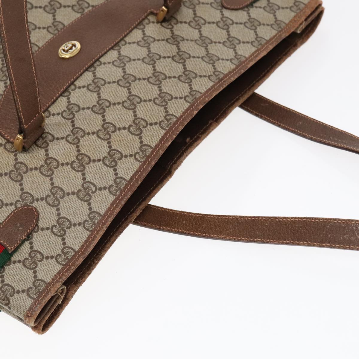 GUCCI GG Supreme Web Sherry Line Tote Bag PVC Beige Gold Silver 89626