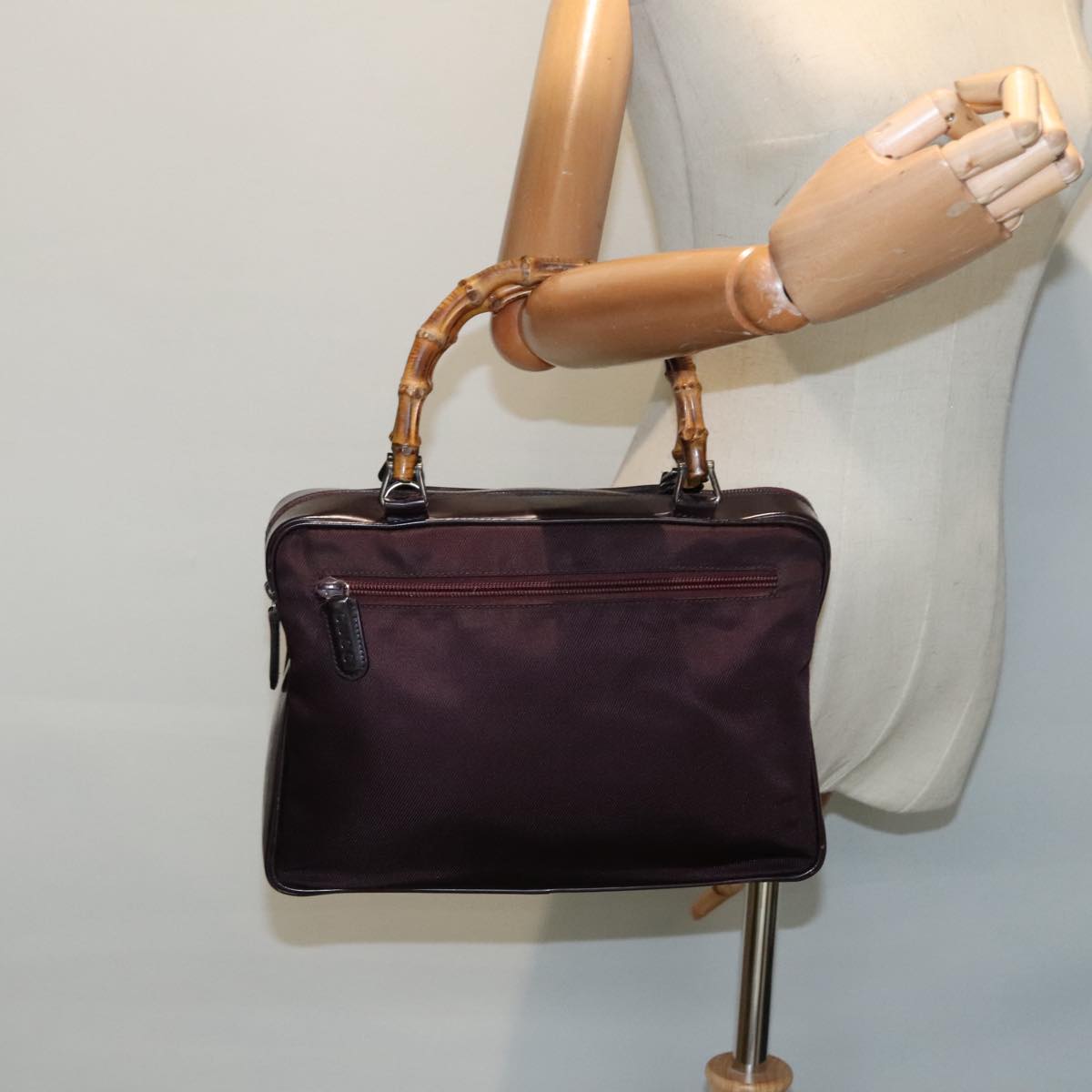 GUCCI Bamboo Hand Bag Nylon Enamel Brown Silver 89707