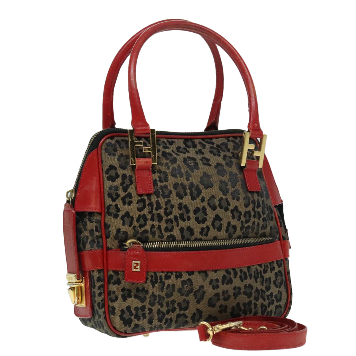 FENDI Hand Bag Canvas 2way Beige Red gold 89729