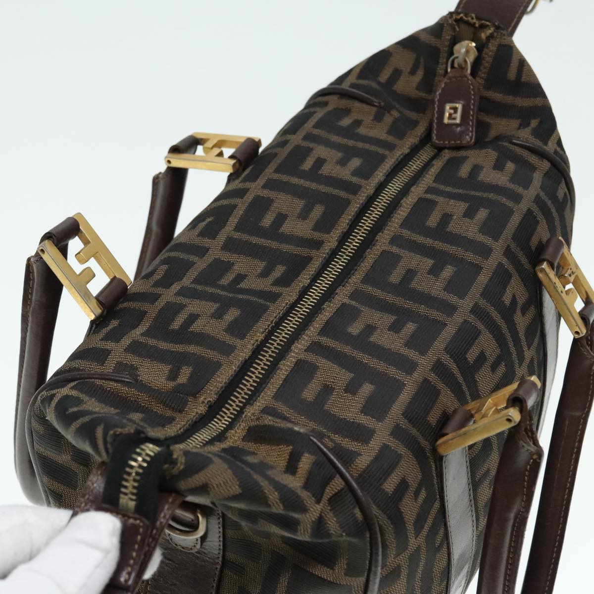 FENDI Zucca Canvas Hand Bag 2way Brown Black gold 89813