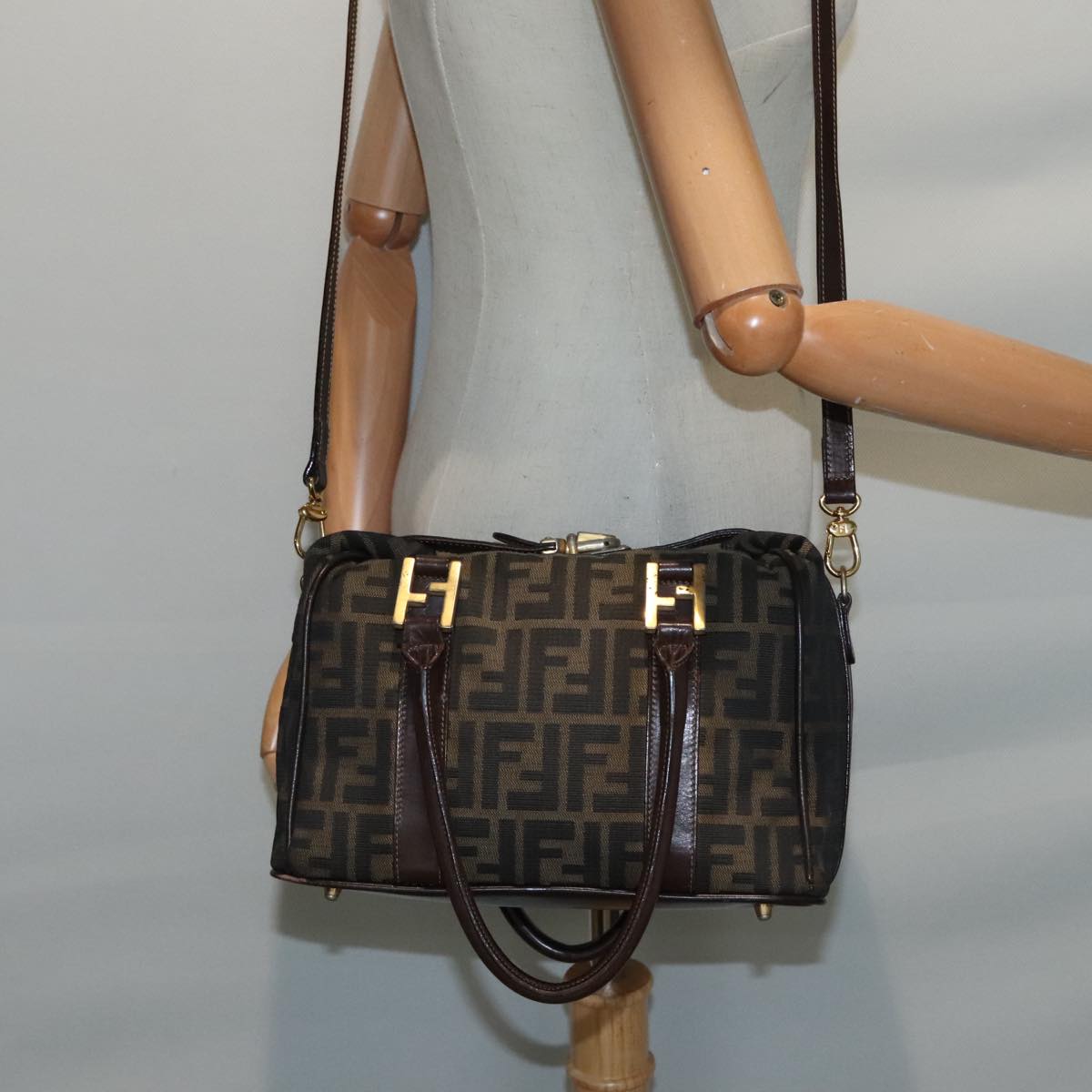 FENDI Zucca Canvas Hand Bag 2way Brown Black gold 89813