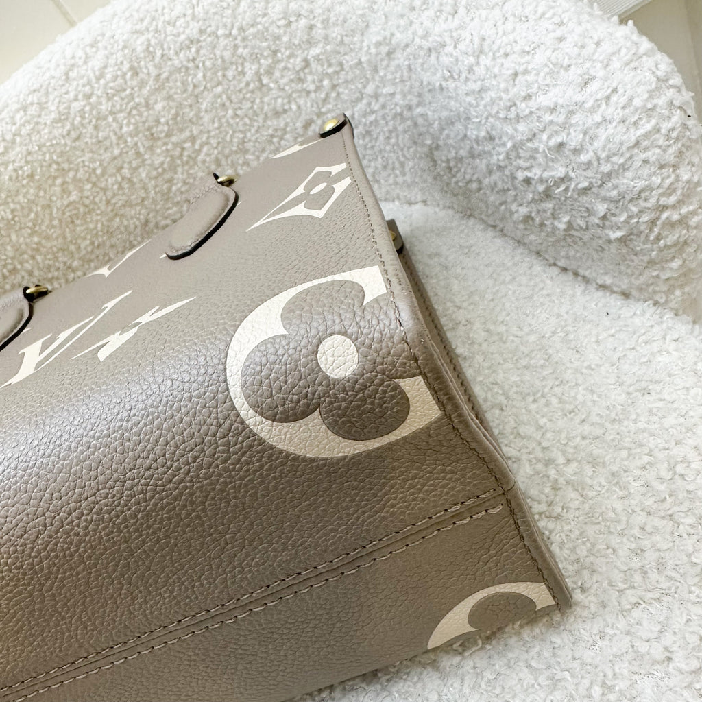 LV Onthego PM in Tourterelle (Grey) / Creme Giant Monogram Empreinte Leather and GHW