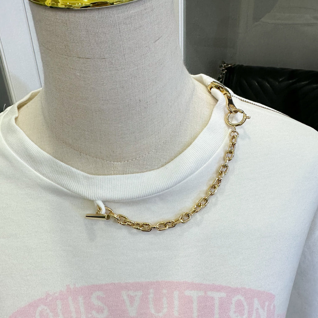 LV White T-shirt with Pink Logo and Chain Detail