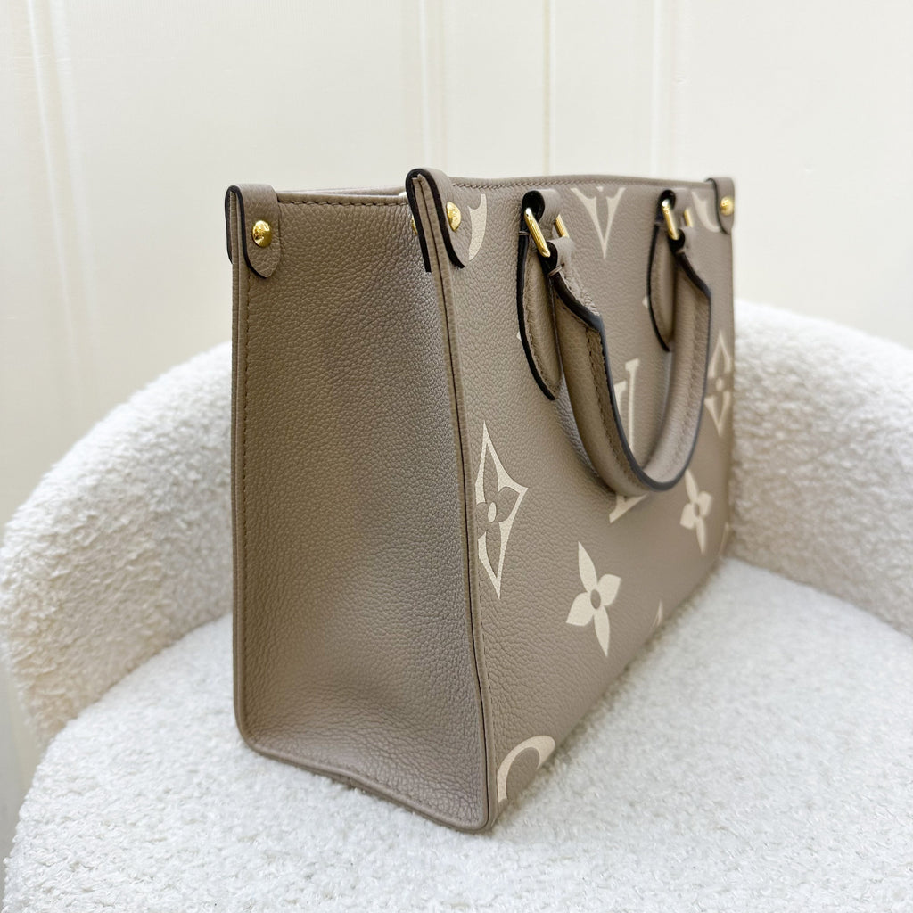 LV Onthego PM in Tourterelle (Grey) / Creme Giant Monogram Empreinte Leather and GHW