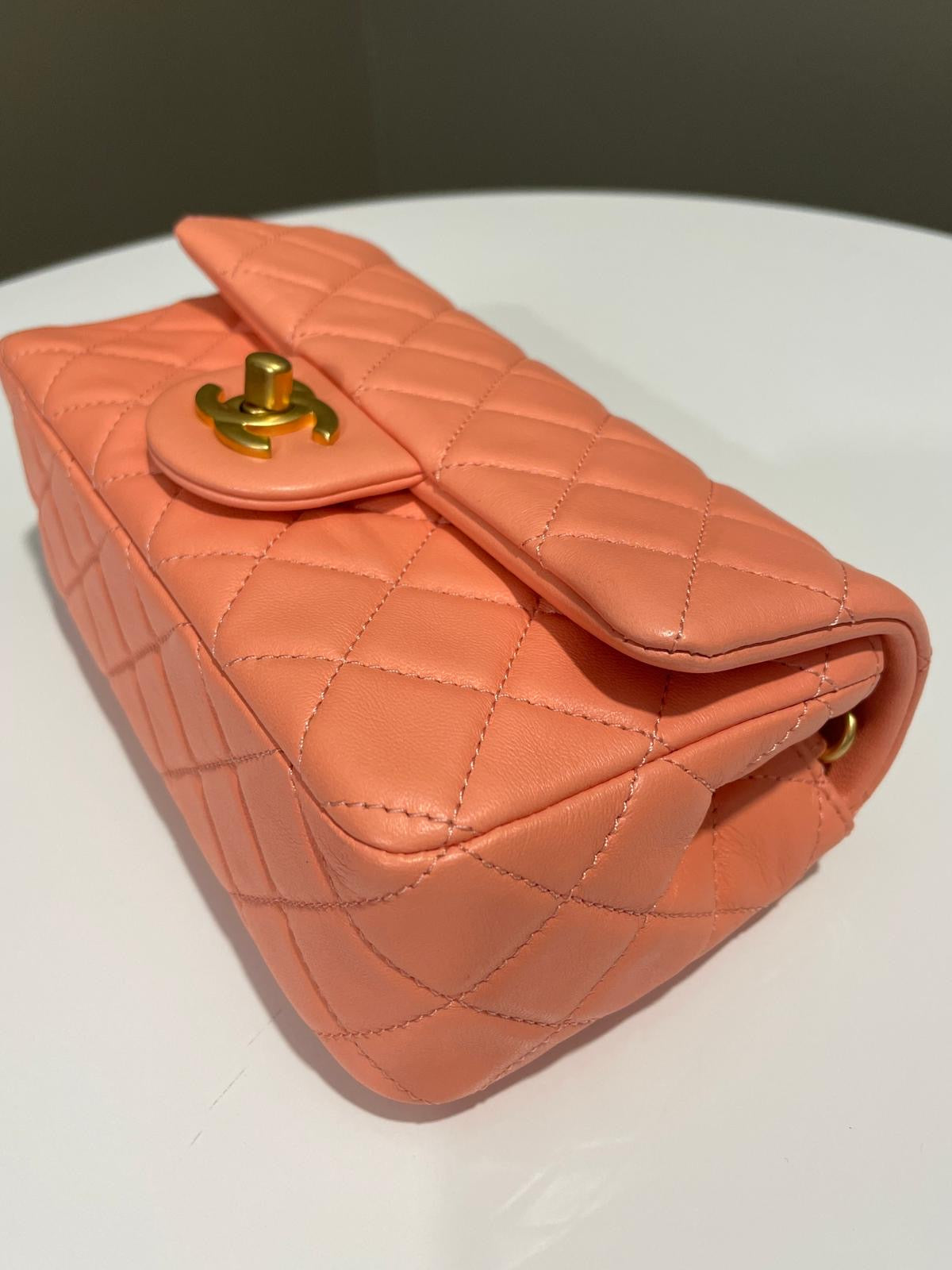 Chanel Pearl Crush Quilted Mini Rectangular Salmon Pink Lambskin
