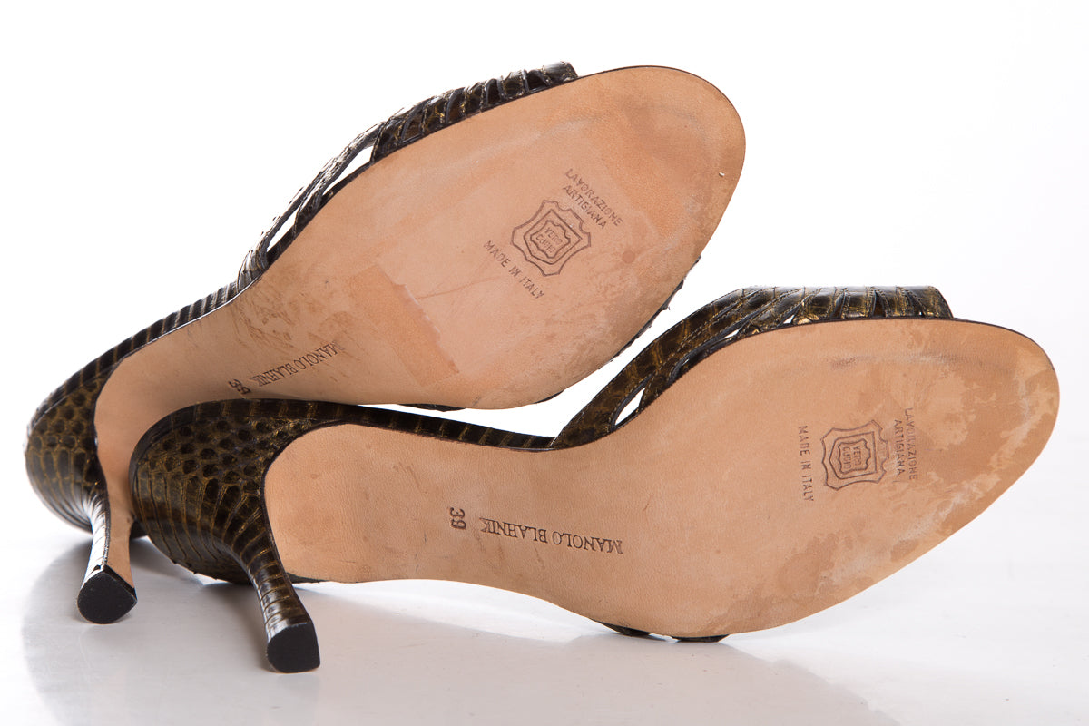 Manolo Blahnik Olive Embossed Exotic Leather Mules SZ 39