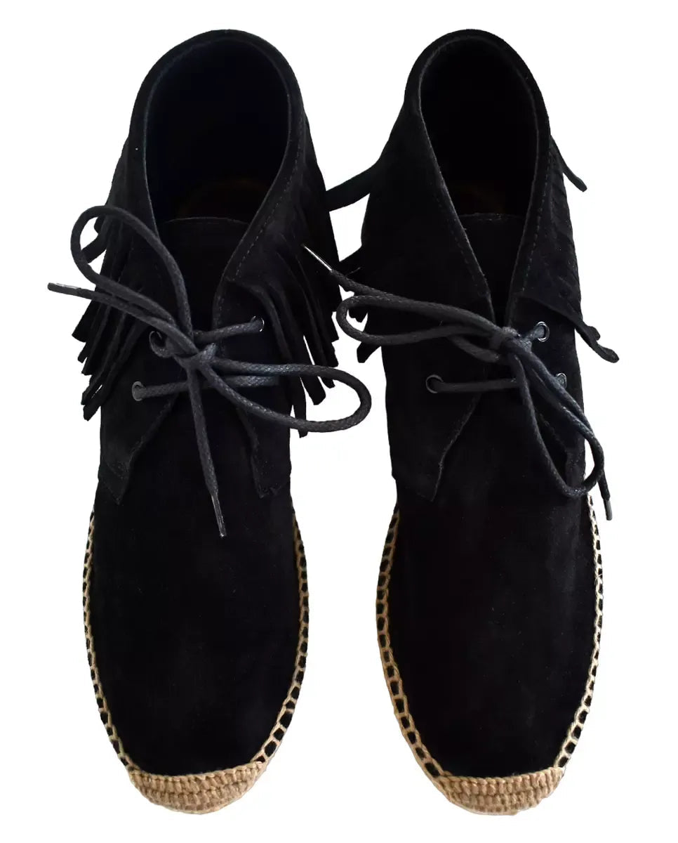 Saint Laurent Suede Fringe Trim Accent LaceUp Boots Black Boots