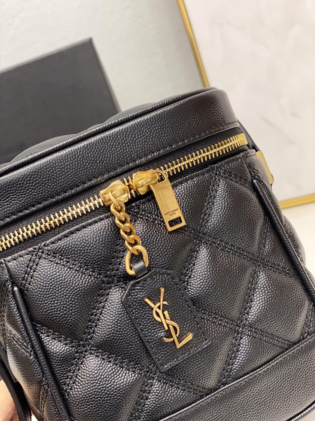 YSSL 80’s Vanity Bag In Carré-Quilted Grain De Poudre Black For Women 6.4in/16.5cm YSL 649779DME271000