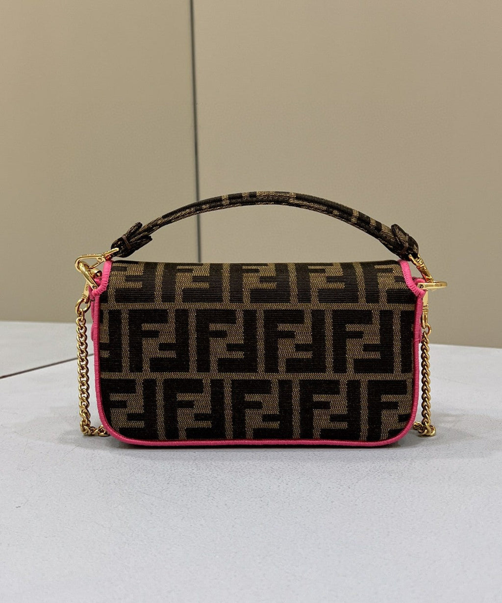 FI Baguette Small Brown Fabric Pink Border Bag For Woman 18cm/7in