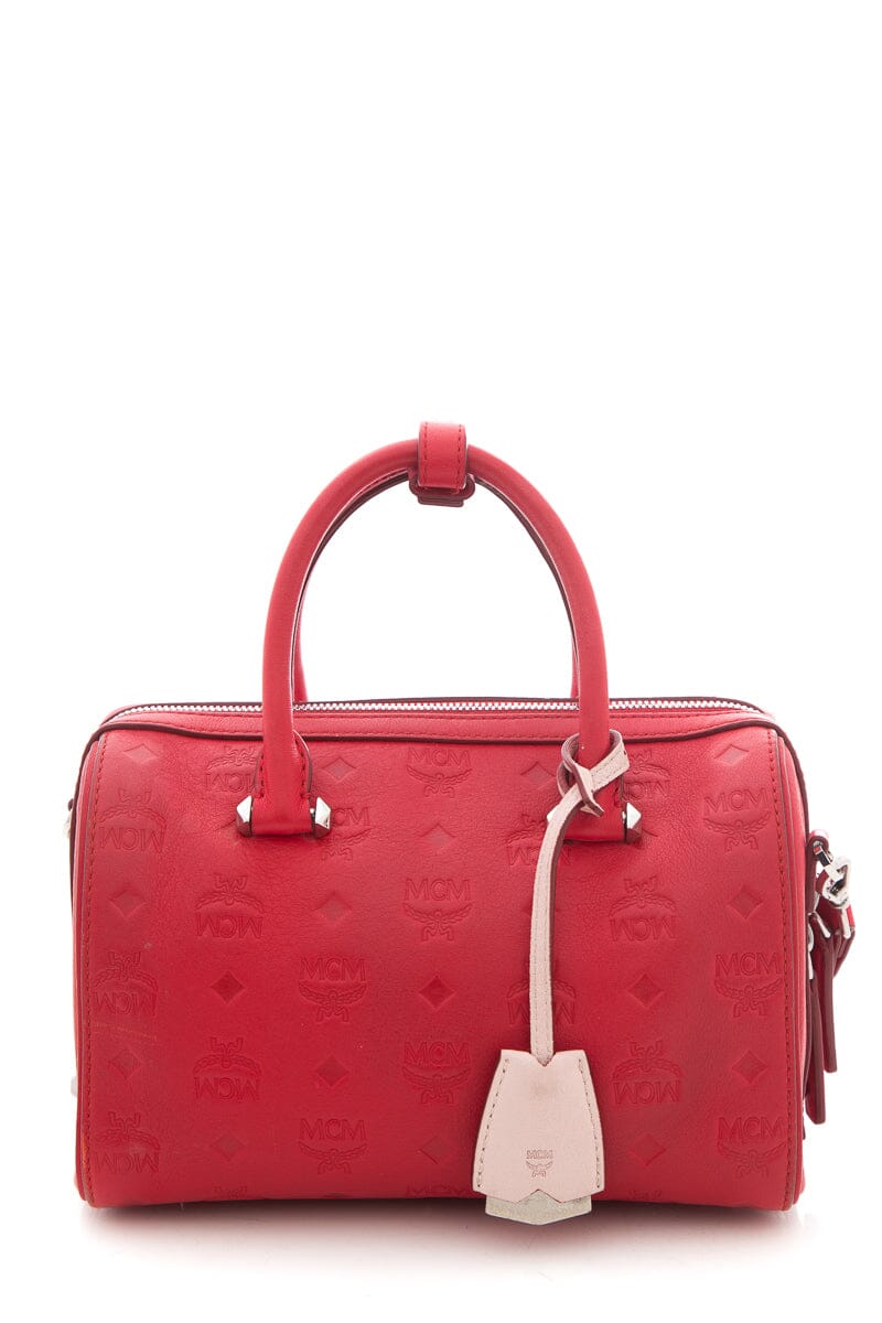 MCM Red Monogram Leather Boston Handbag