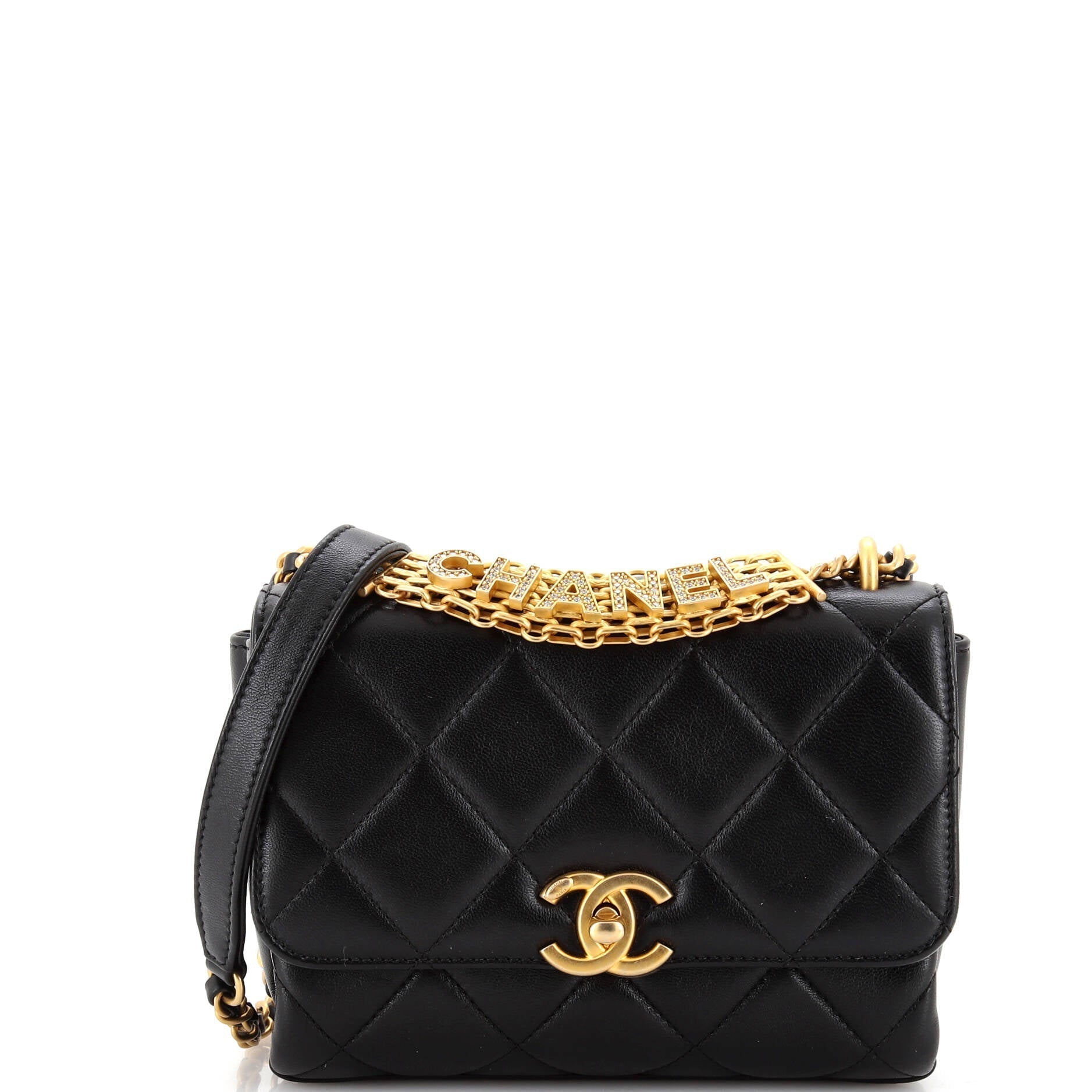CHANEL Crystal Logo Letters Chain Handle Flap Bag Quilted Lambskin Mini