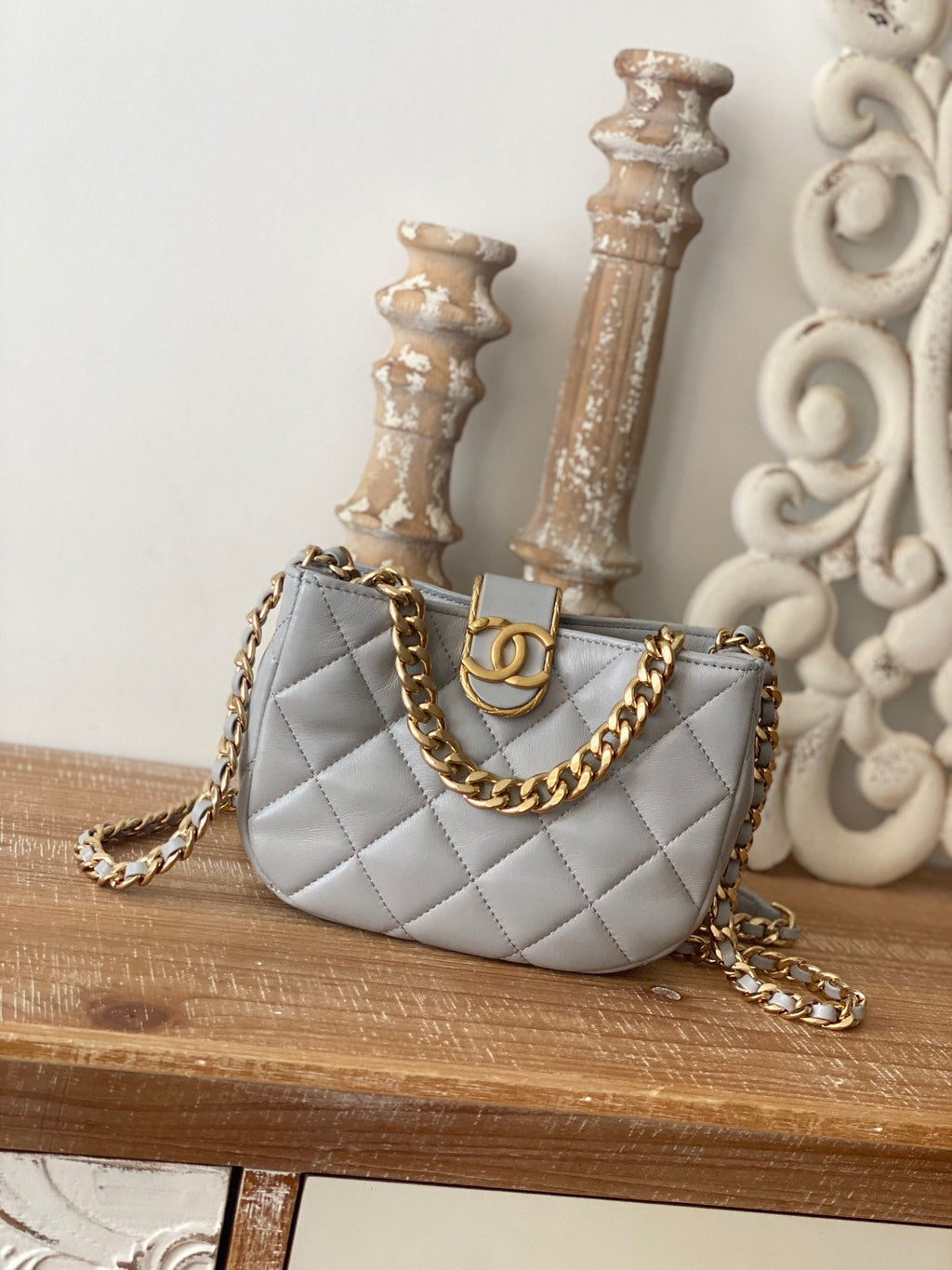 CHLSmall Hobo Bag Gold Hardware Grey For Women, Women’s Handbags, Shoulder Bags 7.5in/19cm