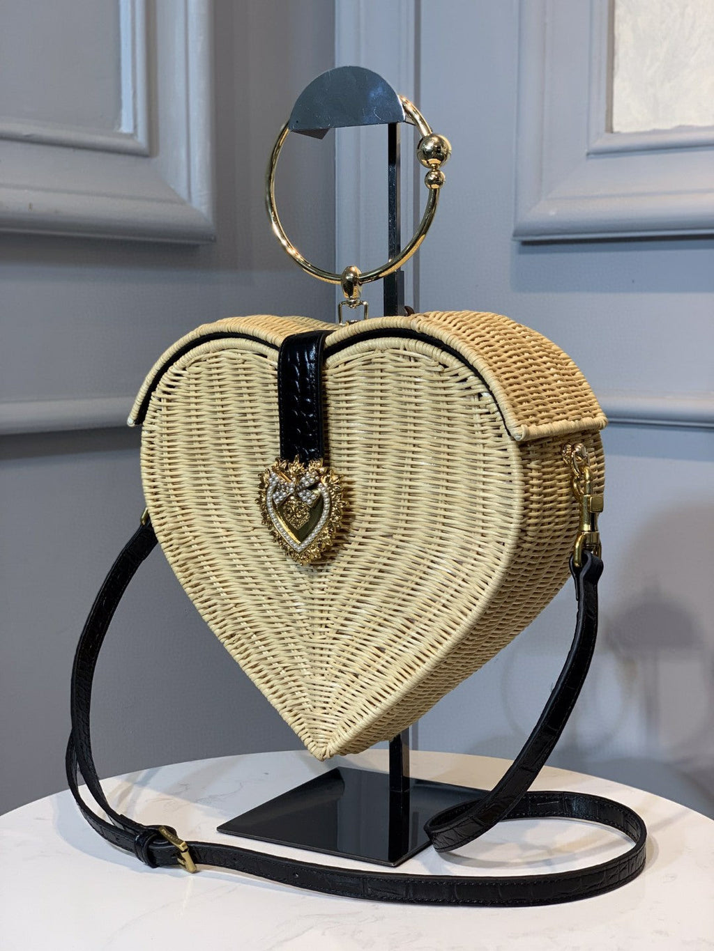 GLAMI Devotion Crystal Heart Wicker Top Handle Bag Beige For Women 10in/26cm GLAMI