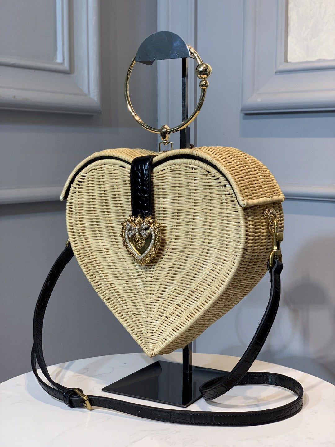 GLAMI Devotion Crystal Heart Wicker Top Handle Bag Beige For Women 10in/26cm GLAMI