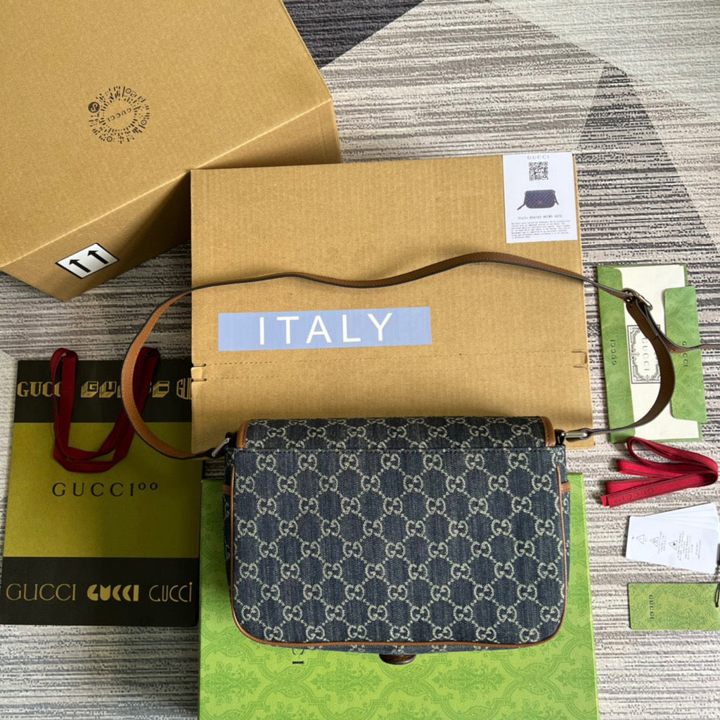 gg Children’s gg  Messenger Bag Dark Blue And Ivory Eco Washed Organic gg Jacquard Denim For Women  11.4in/29cm gg