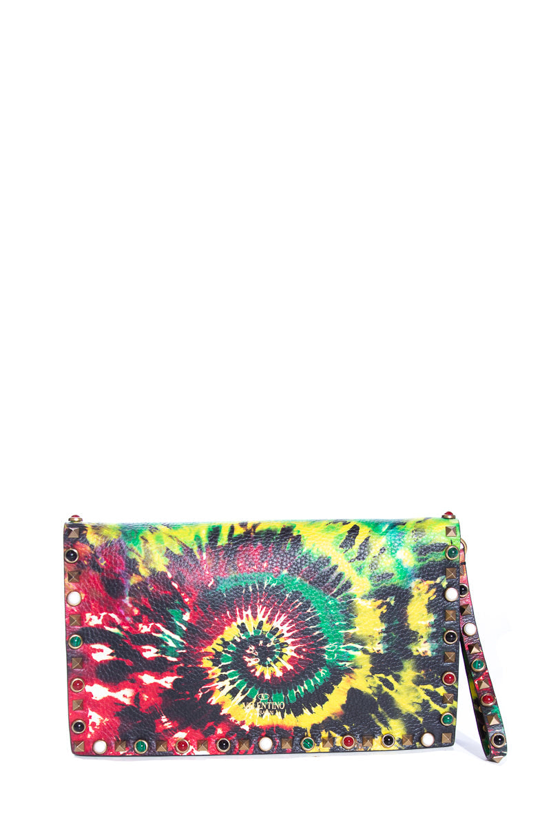 Valentino Pebbled Calfskin Tie-Dye Rockstud Rolling Wristlet Clutch