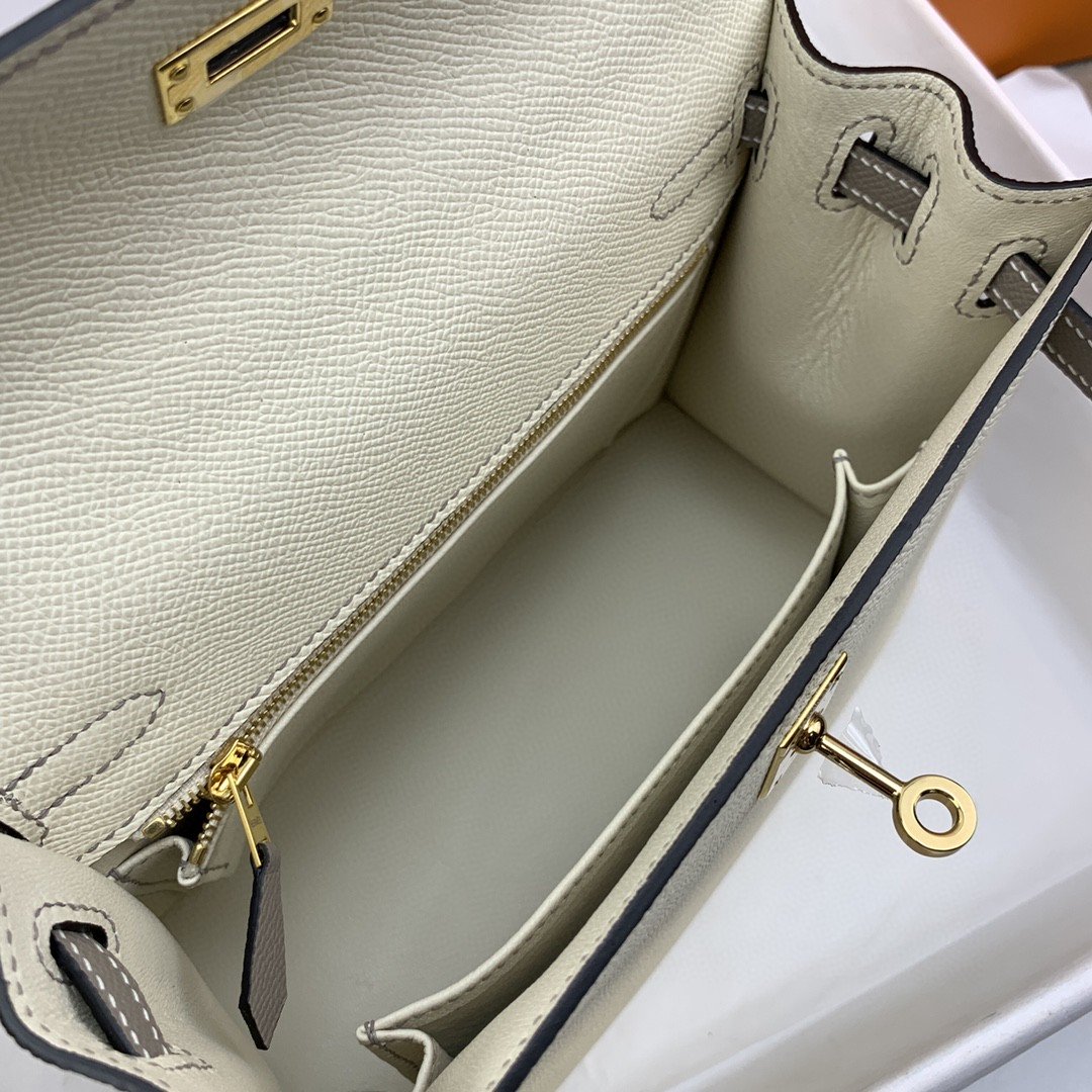 HM Kelly 25 Sellier Epsom Craie/Grey Bag For Women, Handbags, Shoulder Bags 10in/25cm