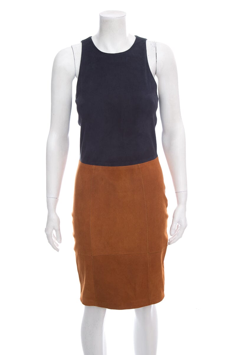 L'agence Sleeveless Navy & Brown Suede Dress SZ 6 NWT