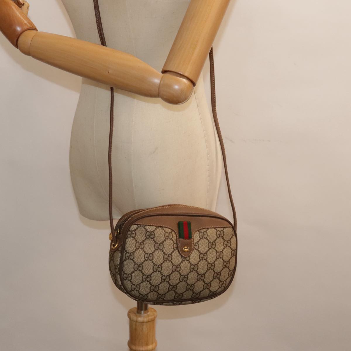 GUCCI GG Supreme Web Sherry Line Shoulder Bag PVC Beige Gold 007 58 90169