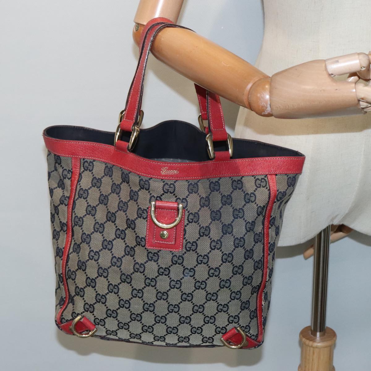 GUCCI GG Canvas Tote Bag Beige Red gold 130739 90178