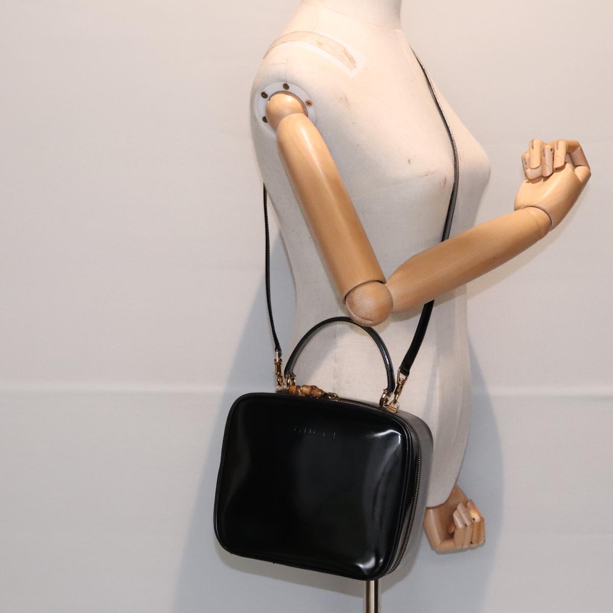 GUCCI Hand Bag Leather 2way Black Gold 90184