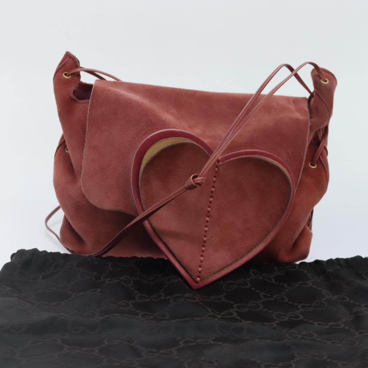 GUCCI Heart Shoulder Bag Suede Red Gold 95107 90185
