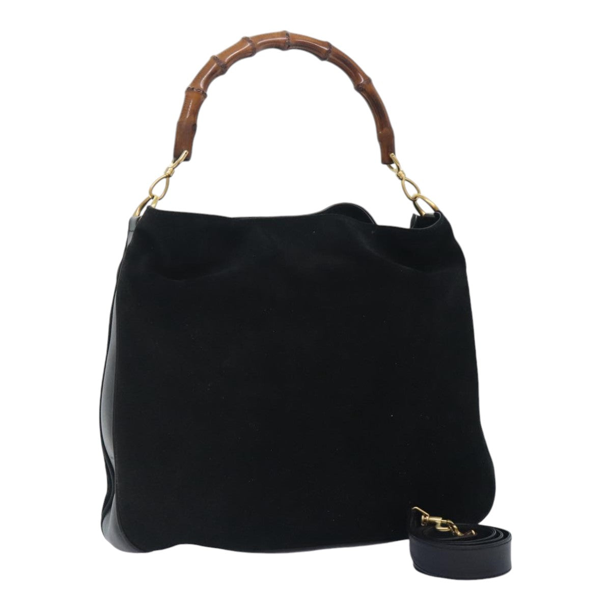 GUCCI Bamboo Shoulder Bag Suede 2way Black Gold 001 1014 1577 0 90188
