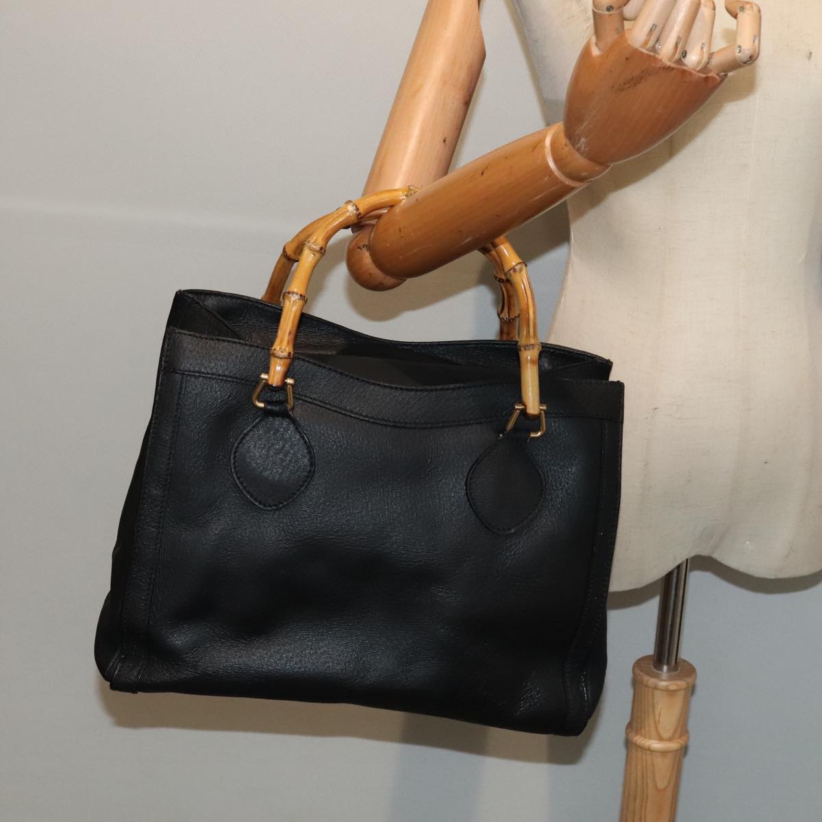 GUCCI Bamboo Hand Bag Leather Black Gold 002 2853 0260 0 90193