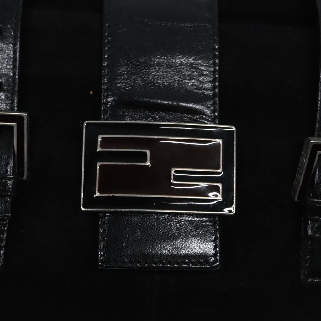 FENDI Hand Bag Suede Leather Black Silver 90200