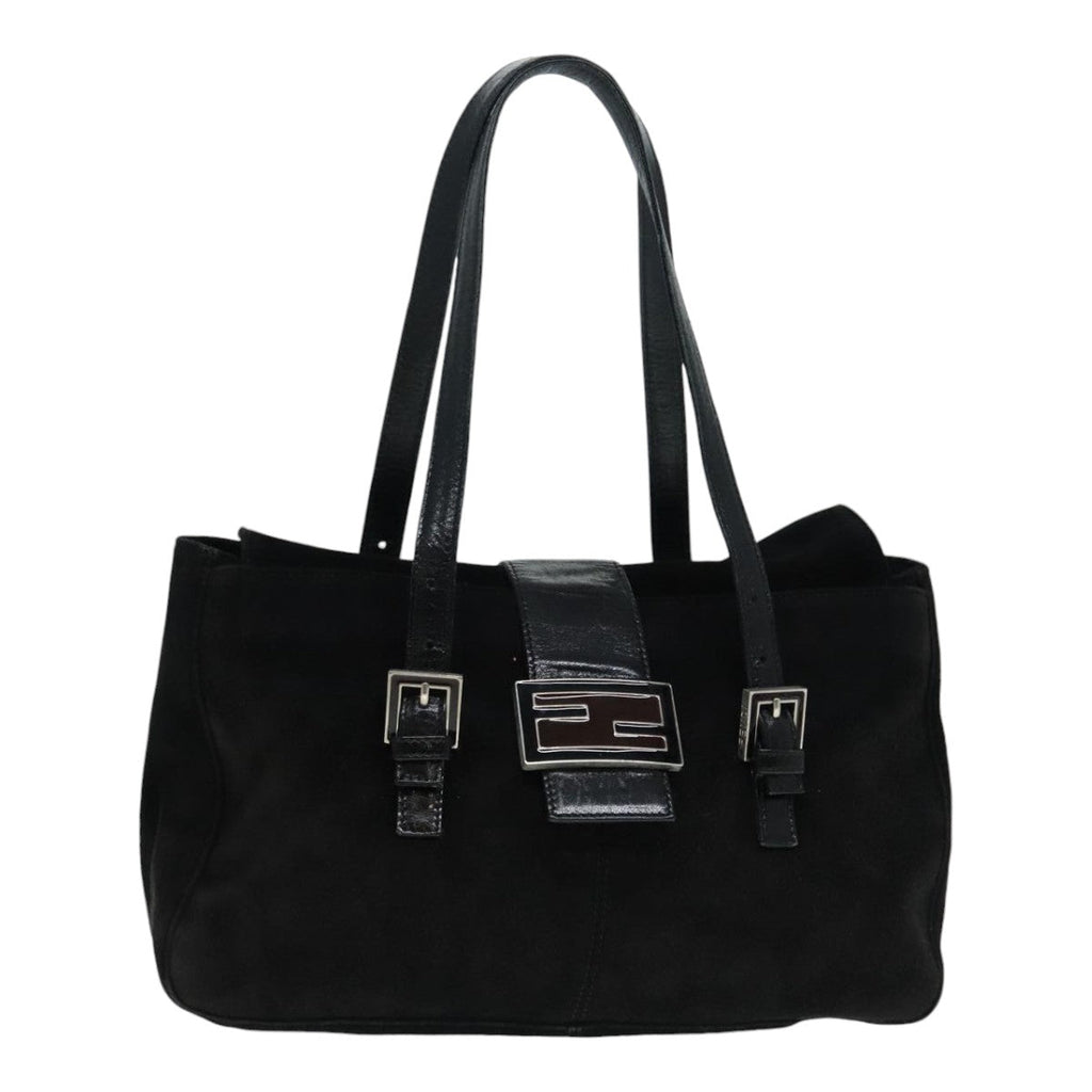 FENDI Hand Bag Suede Leather Black Silver 90200