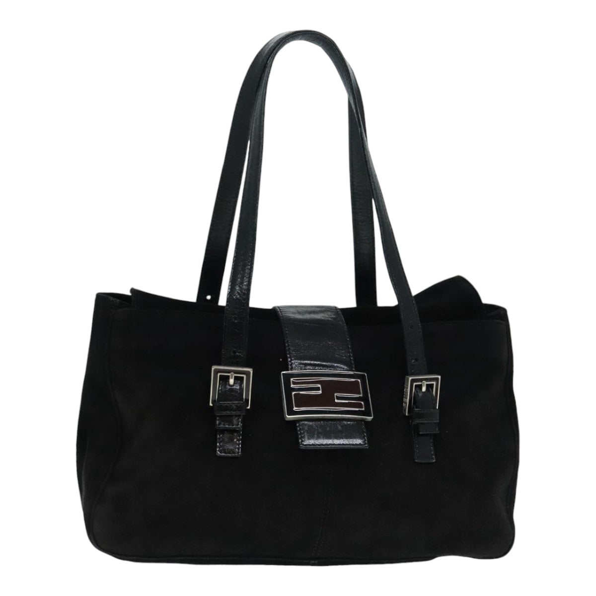 FENDI Hand Bag Suede Leather Black Silver 90200