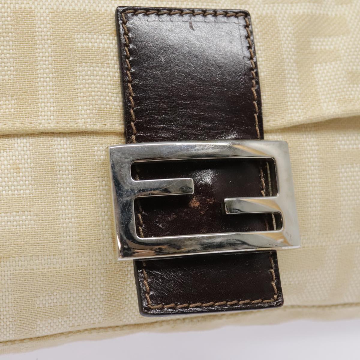 FENDI Zucca Canvas Mamma Baguette Shoulder Bag Beige Brown Silver 90203