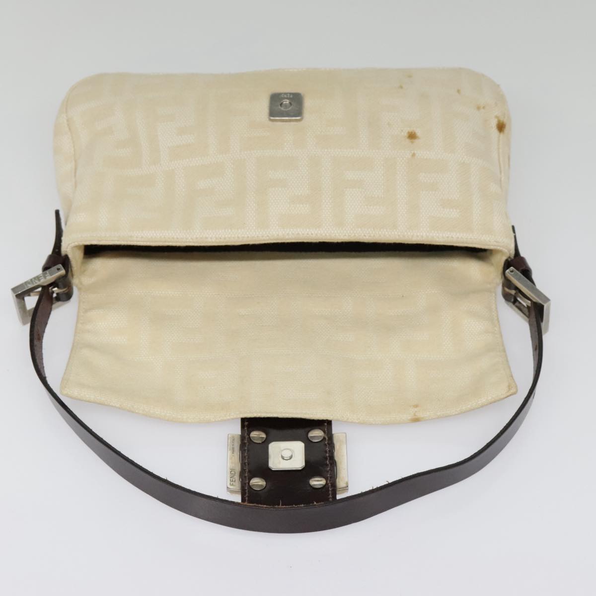 FENDI Zucca Canvas Mamma Baguette Shoulder Bag Beige Brown Silver 90203