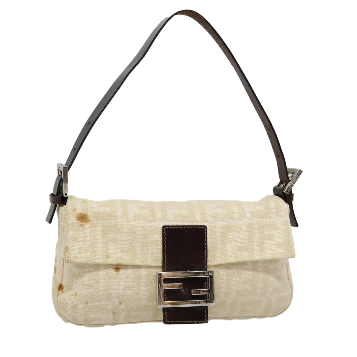 FENDI Zucca Canvas Mamma Baguette Shoulder Bag Beige Brown Silver 90203