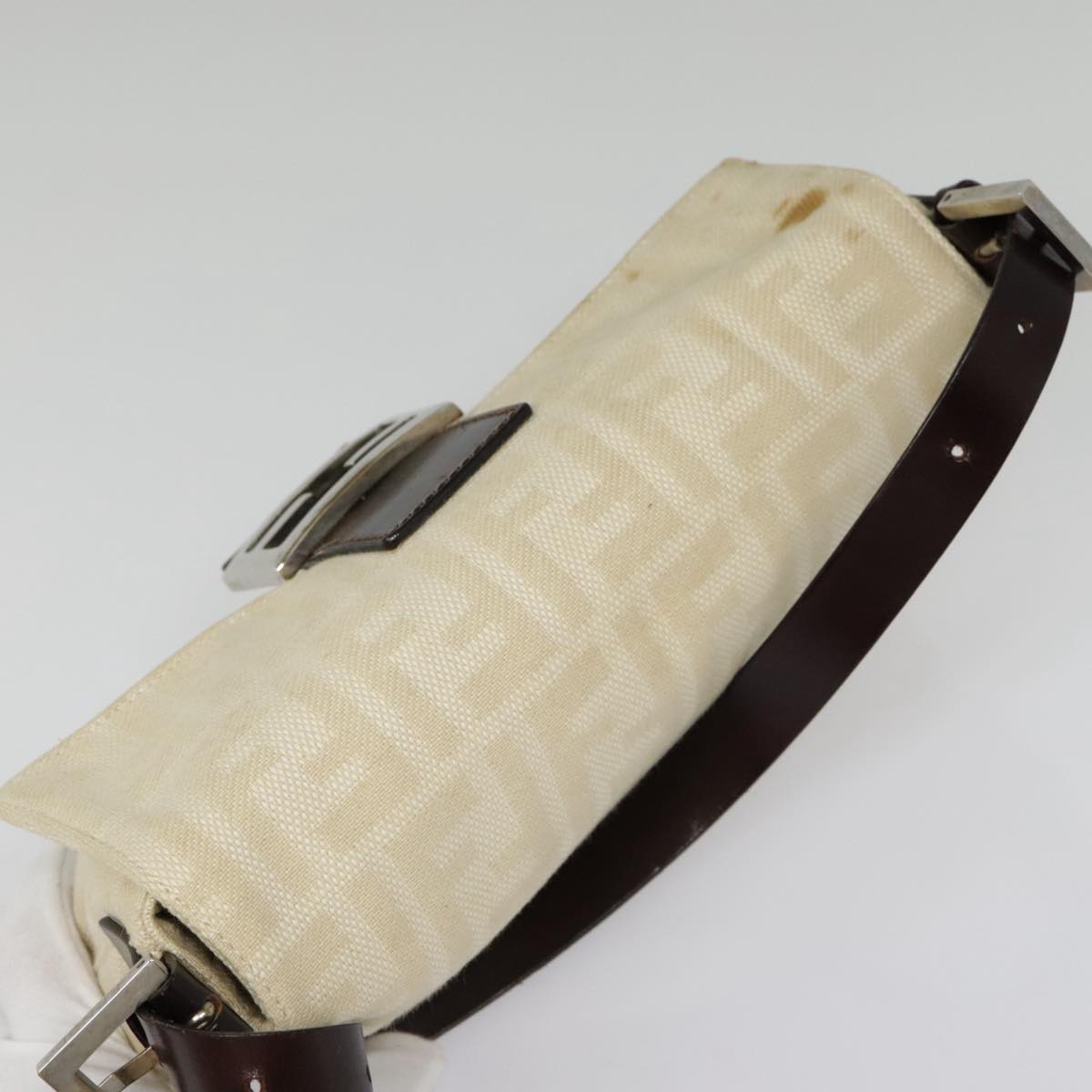 FENDI Zucca Canvas Mamma Baguette Shoulder Bag Beige Brown Silver 90203